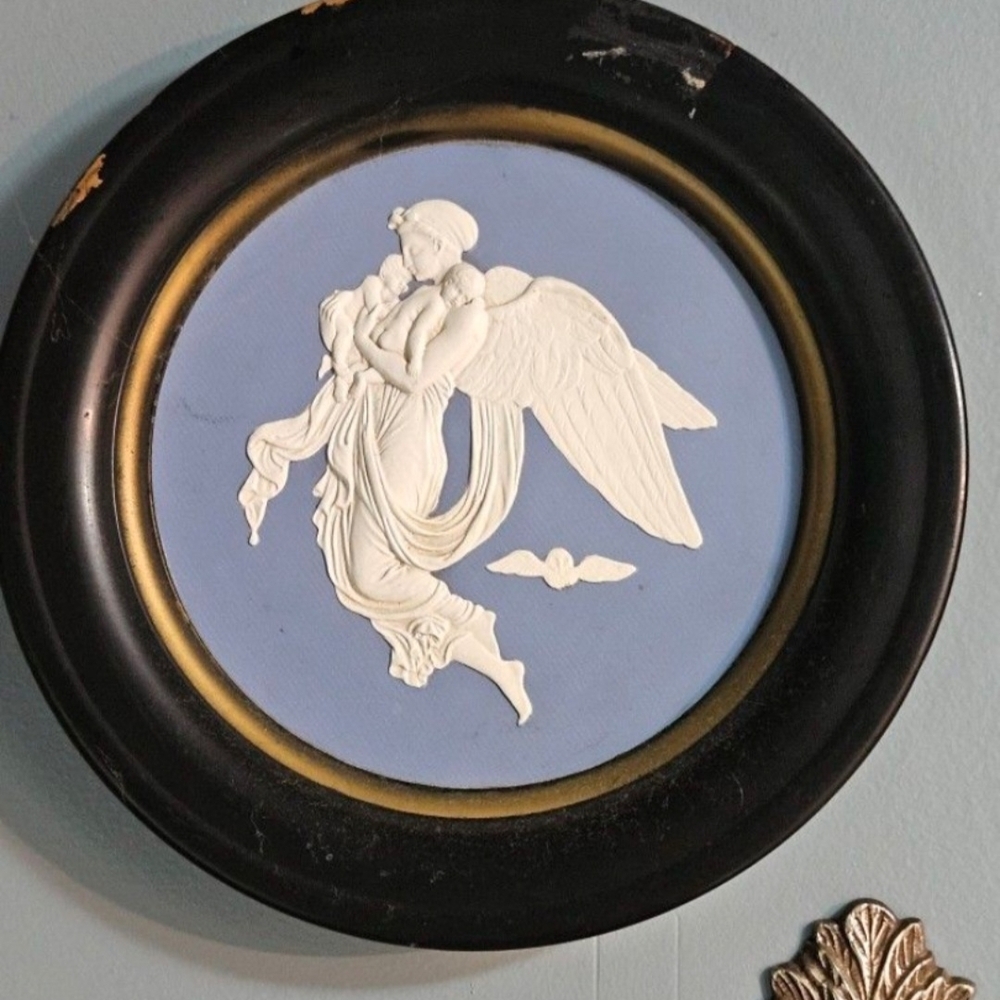 Vintage 1960s Mother And 2 Babies ANGEL Black and Blue Wall Plaque ART